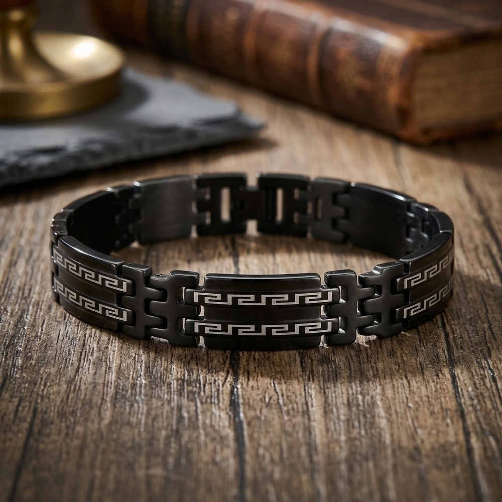 Men’s Black & Silver Stainless Steel Greek Key Geometric Bracelet – 9"